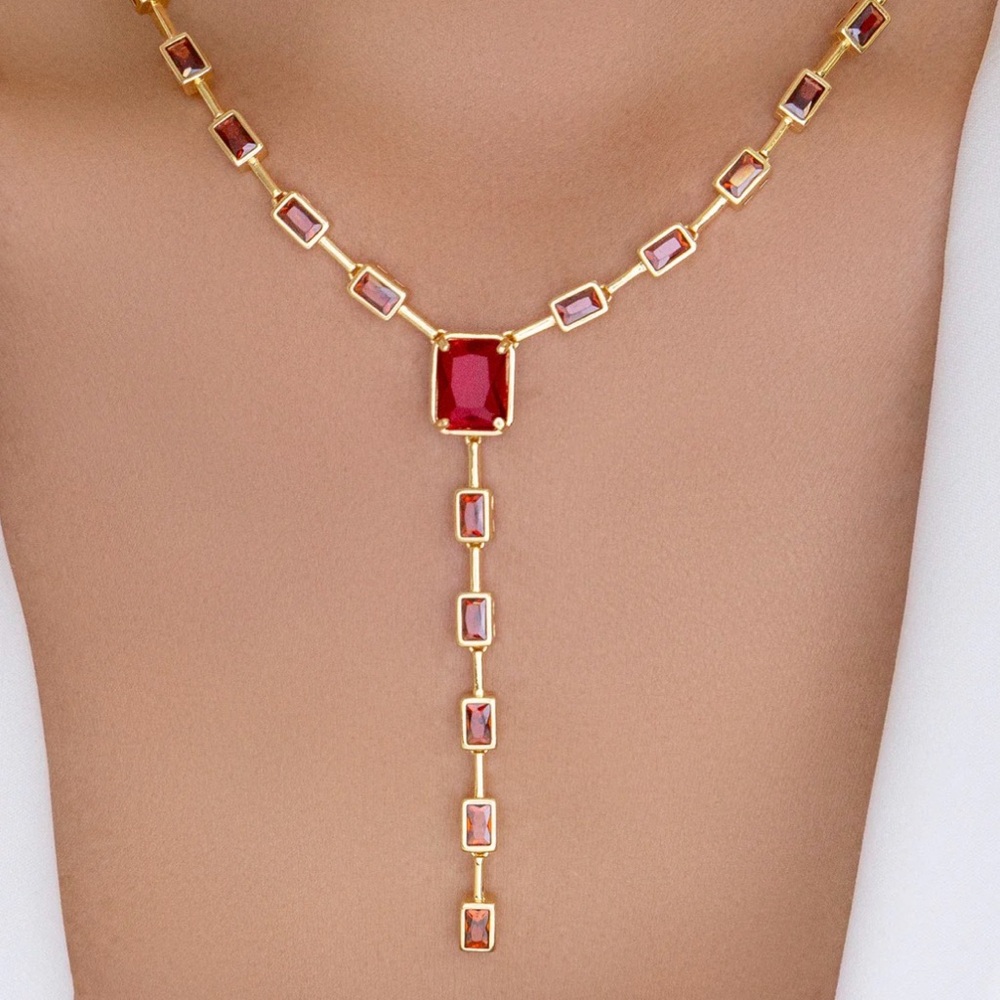 Sexy gold plated and Siam red crystal Suzanne y-neck shaped necklace BNIB